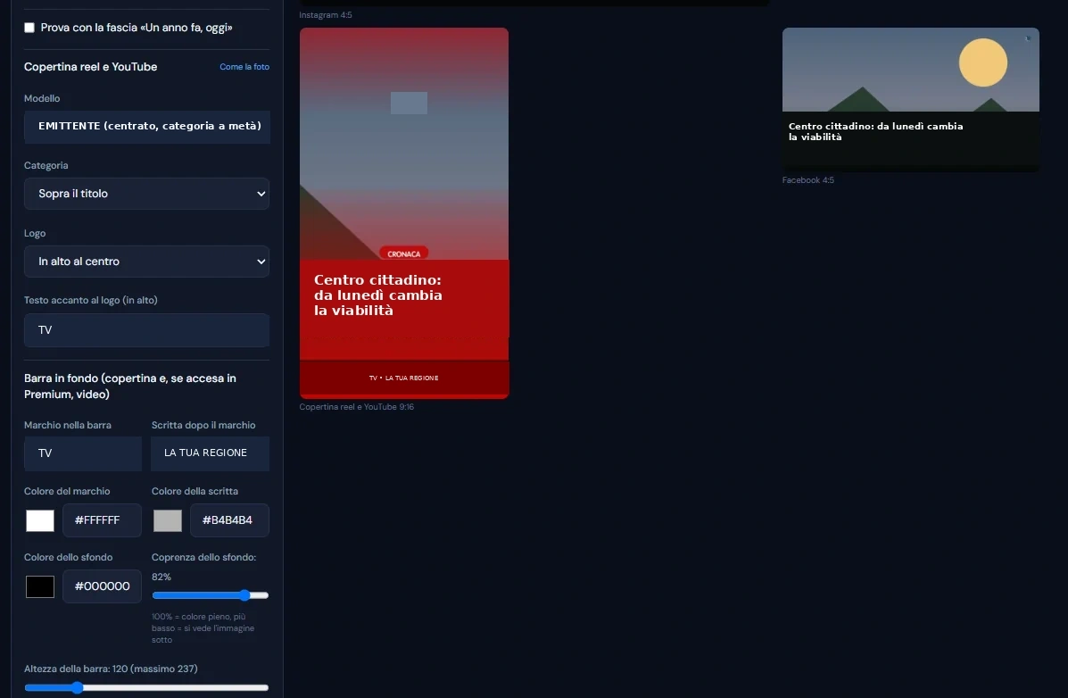 Configurazione copertina Reel e YouTube